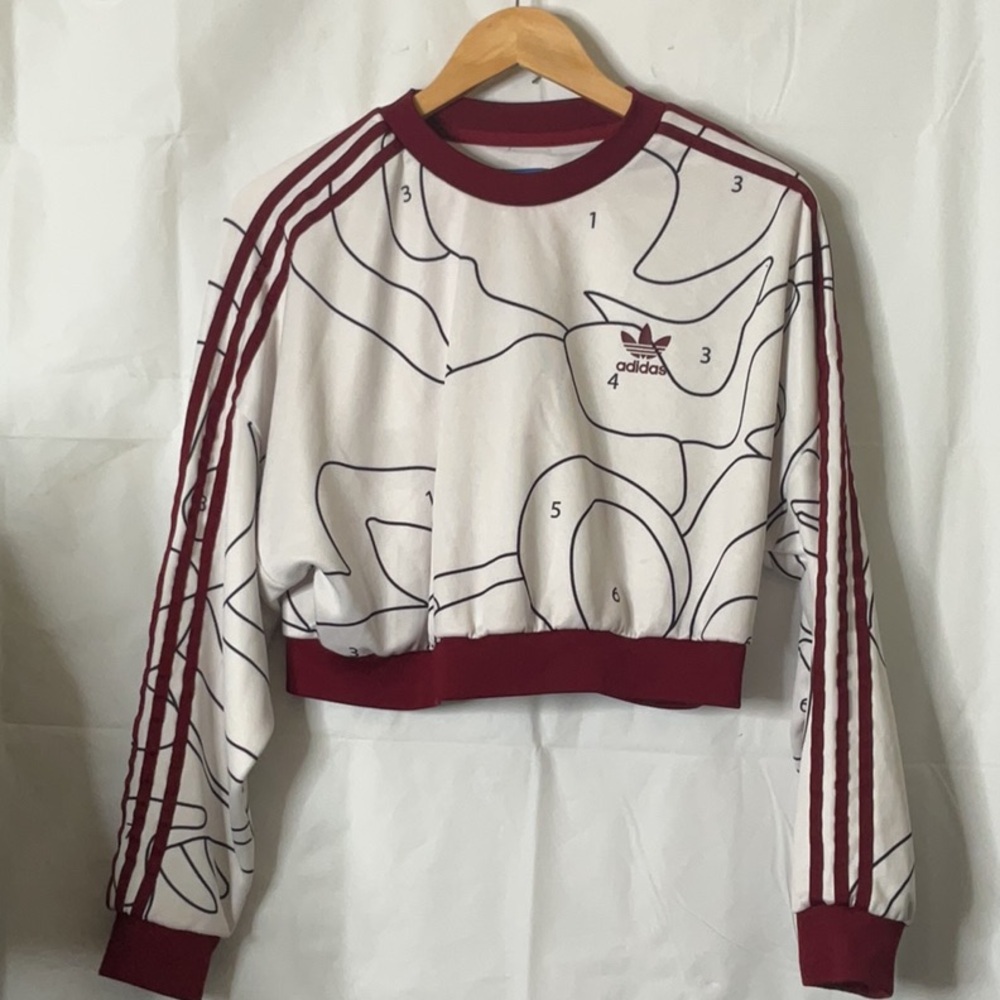 Adidas Red and White Cropped Sweatshirt with Graphic Design